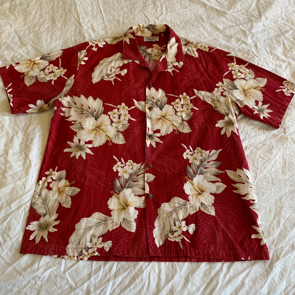 Vintage Pacific Legend Mens Hawaiian‎ Shirt Red Floral Made Hawaii USA 1990s